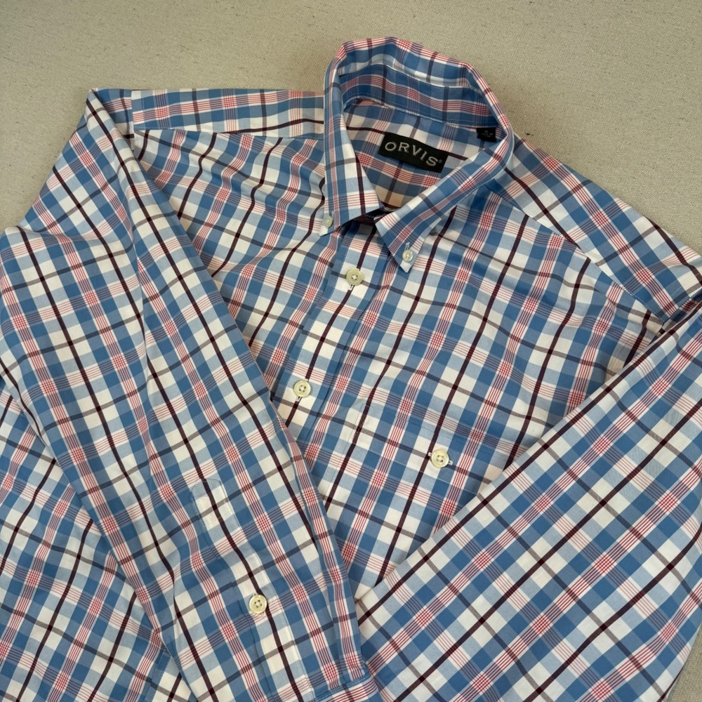 Orvis Medium Button Down Shirt Mens Blue Red Plaid Long Sleeve Pocket